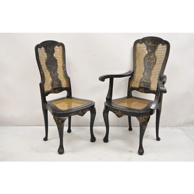 Antique Chinoiserie English Queen Anne Hand Painted Floral Cane Dining Chairs - Set of 4. Set includes 2 side chairs and 2...