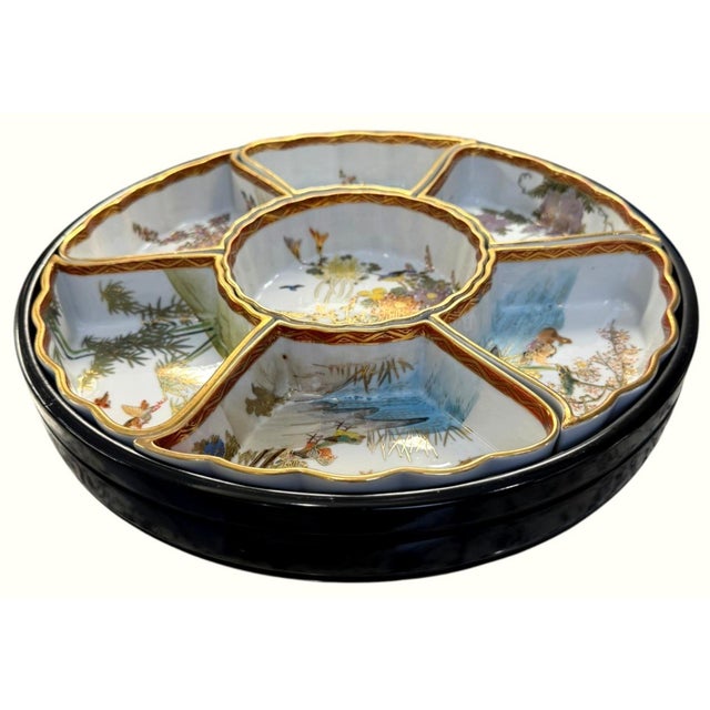 Beautiful vintage Japanese porcelain 7-piece sweet meat, appetizer, relish or condiment serving set complete with its...