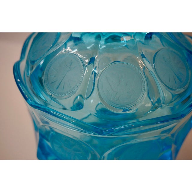 Fostoria Vintage Fostoria Blue Glass Pedestal Candy Dish With Lid – Coin Pattern For Sale - Image 4 of 6