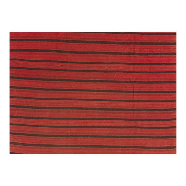1950s Red Field Modern Stripe Vintage Turkish Kilim Flatweave Wool Small Rug For Sale