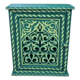 Hand Painted Mediterranean Medicine Cabinet / Wall Shelf / Green Zouak For Sale