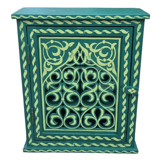 Hand Painted Mediterranean Medicine Cabinet / Wall Shelf / Green Zouak For Sale