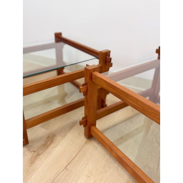 Wood Pair of Vintage Teak Mortise and Tenon Side Tables, Glass Top and Base For Sale - Image 7 of 10