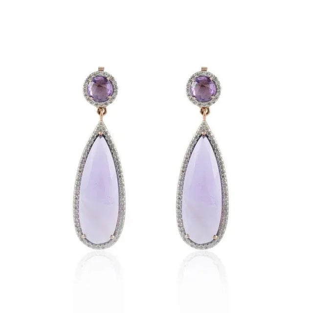 This is part of Chairish’s Fine Jewelry assortment. Diamond Amethyst Dangle Drop Earrings in 14K gold to make a statement...