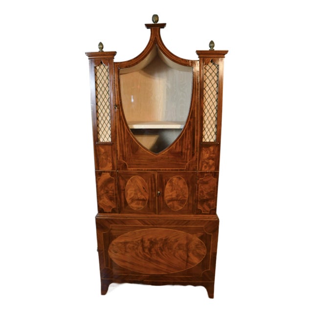 1820s Antique English Sheraton Flame Mahogany Inlaid Display Cabinet / Bookcase For Sale