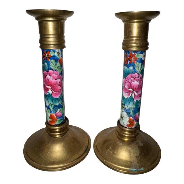 Late 20th Century Vintage Chinoiserie Brass and Cloisonné Enamel Candlestick Holders - Pair For Sale