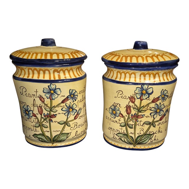 Pair of Mid-Century Style Italian Art Pottery Floral Lidded Canisters Fd For Sale