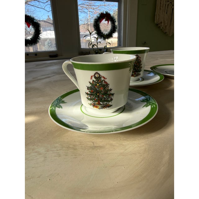 MCM Georges Briard Yule Tide Tea Cups and Saucers Vintage Christmas Tree Coffee Service - A Set of 10 For Sale - Image 4 of 12