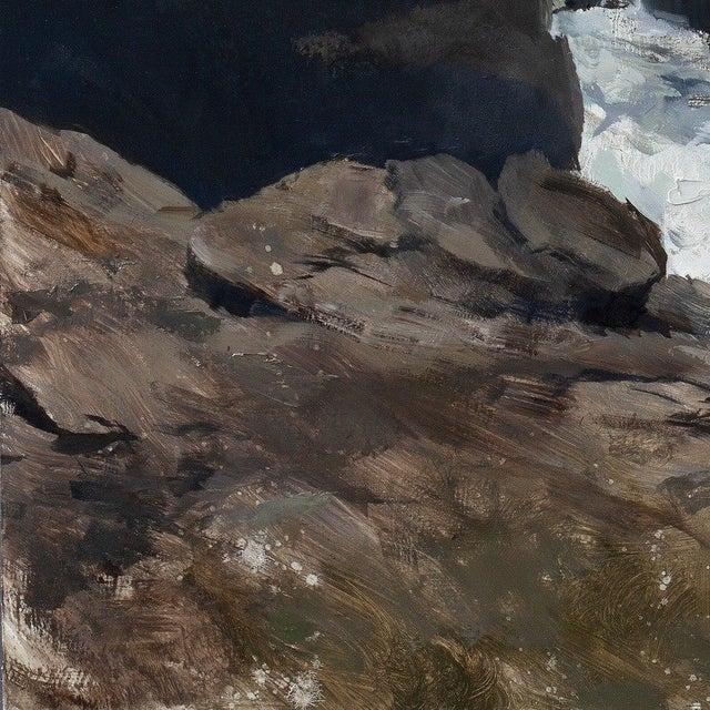 Blue Contemporary A Distant Haze by Jon Doran | Oil on Panel Sea Cliffs Above Breaking Surf For Sale - Image 8 of 12