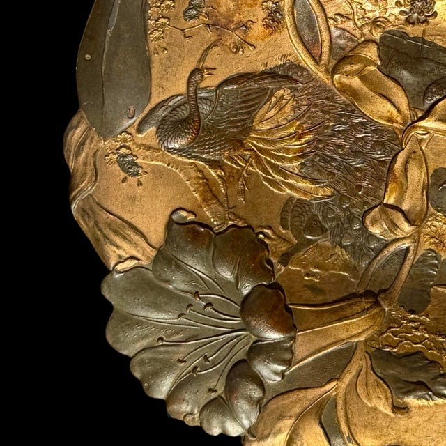 Antique Japanese Meiji Period Mixed-Metal Floral Relief Wall Plaque W/ Geisha & Crane For Sale In San Diego - Image 6 of 9