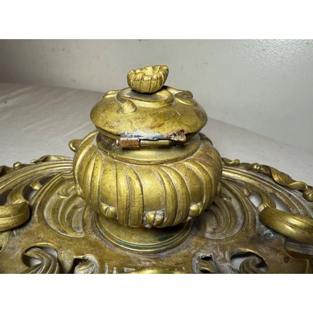 Antique Ornate 19th Century Art Nouveau Gilt Bronze Brass Desk Inkwell Stand Jar For Sale - Image 15 of 15