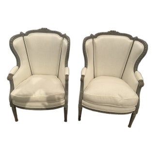 French Style Grey Painted and Freshly Upholstered Bergeres - A Pair For Sale