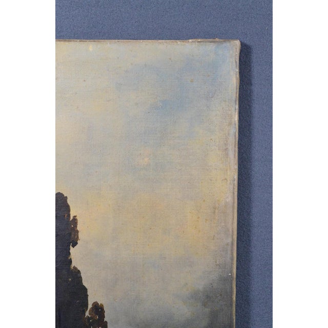 Antique Romantic Landscape Oil Painting With Figures and Rocky Scenery For Sale - Image 4 of 11