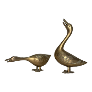 Vintage French Country Solid Brass Geese Figurines, a Pair