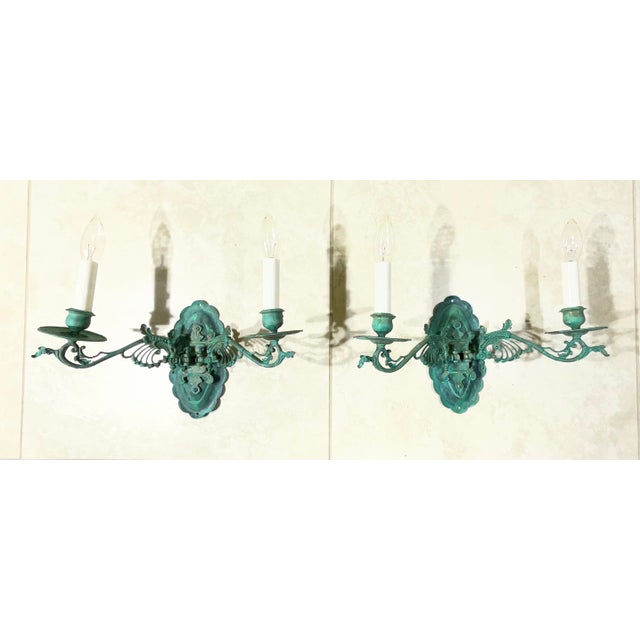 French Pair of Antique French Style Verdigris Wall Sconces For Sale - Image 3 of 16