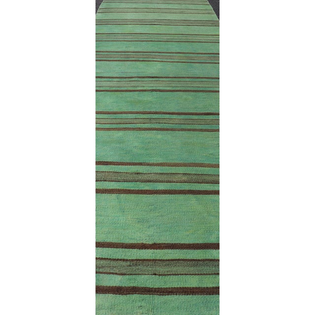Traditional Vintage Turkish Stripe Kilim Runner With Green and Brown Colors 2'8 X 12'1 For Sale - Image 3 of 10