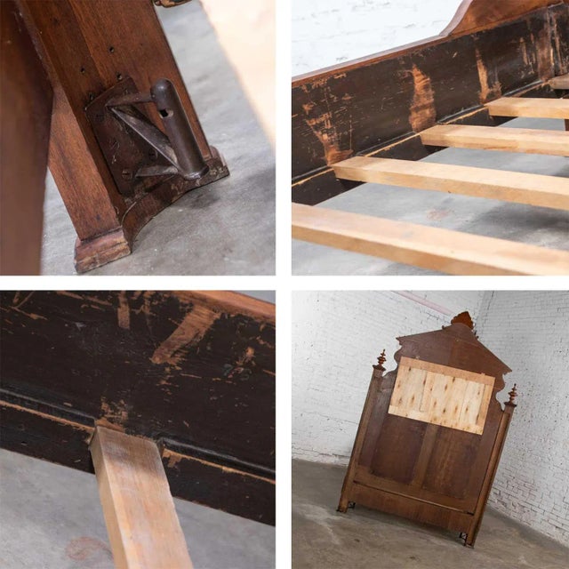 Antique Victorian Full Size Bed Tall Lincoln Style Walnut & Burl Walnut Hand Carved For Sale - Image 10 of 13