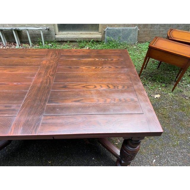 Farmhouse Early 20th Century Antique Jacobean Style Carved Oak Draw Leaf Dining Table For Sale - Image 3 of 16
