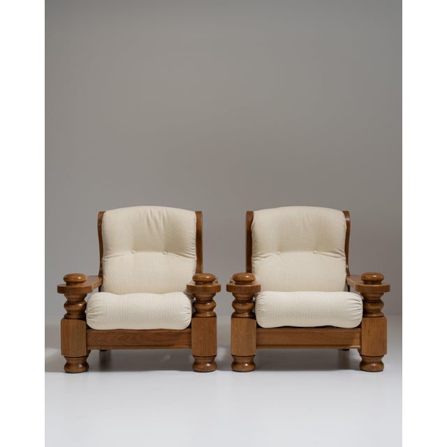 Pair of 1970s French Chestnut Brown Brutalist Oak Upholstered Armchairs For Sale - Image 10 of 15