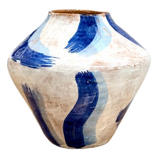 Blue Brushstroke Italian Ceramic Vessel For Sale