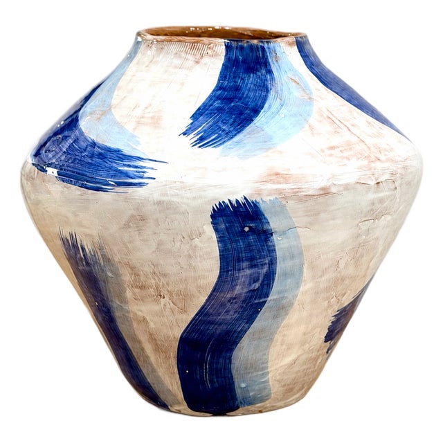 Blue Brushstroke Italian Ceramic Vessel For Sale