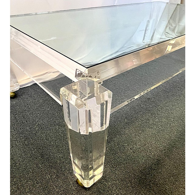 1970's Charles Hollis Jones Style Lucite and Glass Coffee Table on Casters For Sale - Image 10 of 12