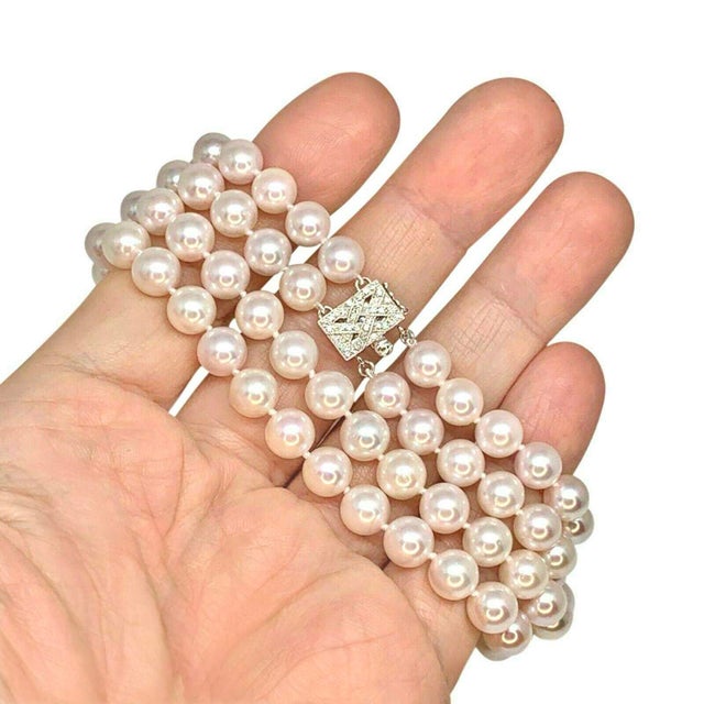 1990s Diamond Akoya Pearl Necklace 8 Mm 14k Gold 18 3/4" 2-Strand Certified For Sale - Image 11 of 15