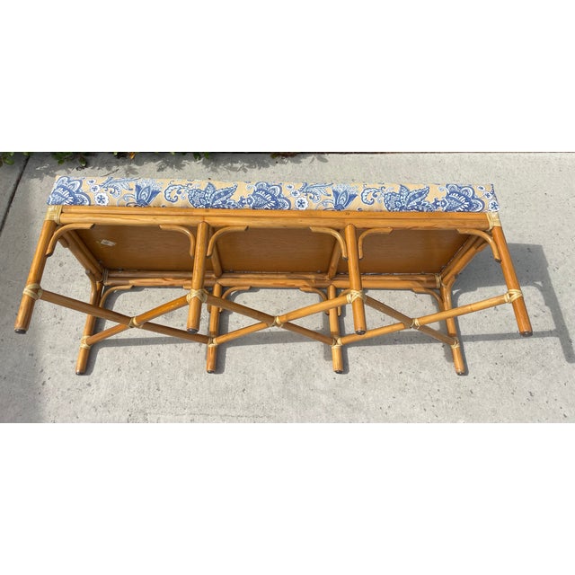 McGuire Authentic McGuire Vintage Rattan Bench, New Schumacher Upholstery For Sale - Image 4 of 8