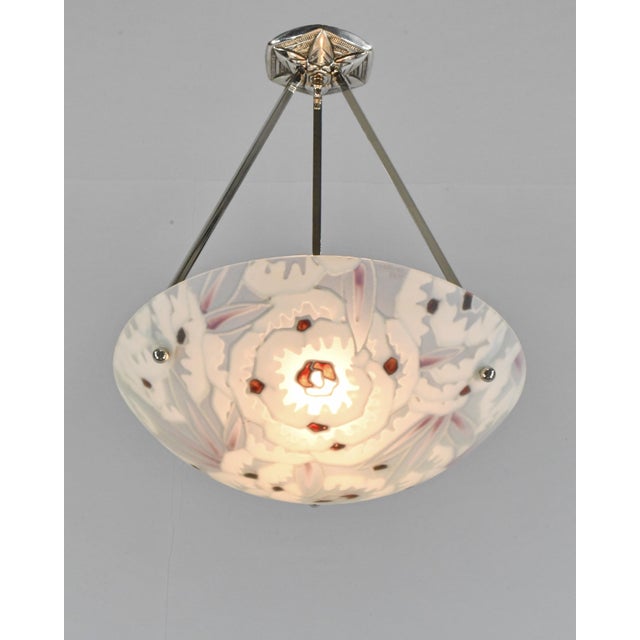 Art Deco French Art Deco Pendant Light by Maxonade 1930s - Floral Enameled Bowl Nickeled Bronze For Sale - Image 3 of 14