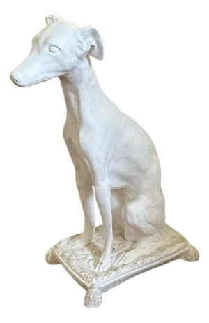 Vintage Aged Plaster Seated Greyhound on Tasseled Pillow Statue