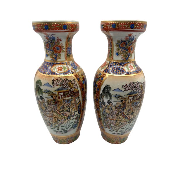 Gold Vintage Satsuma Style Hand-Painted Japanese Geisha & Garden Motif - A 3 Piece Set For Sale - Image 8 of 11