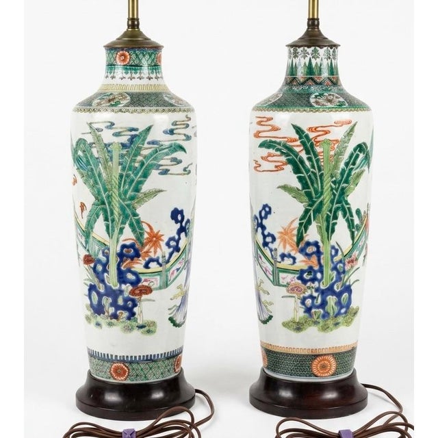 Monumental Late 19th Century Chinese Famille Verte Porcelain Rouleau Vases Set as Lamps Pair For Sale - Image 4 of 12
