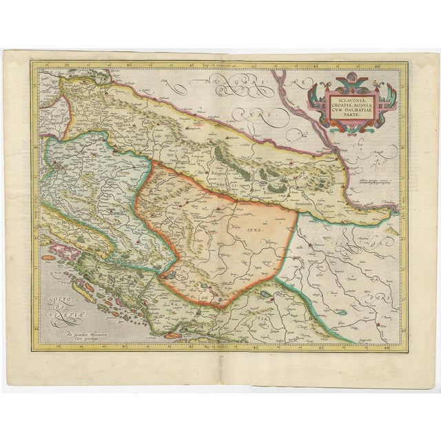 Antique map titled 'Sclavonia, Croatia, Bosnia cum Dalmatiae Parte'. Old map of the Eastern Balkans with the geographical...