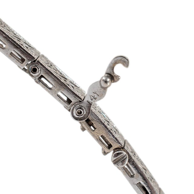 Modern Antique Art Deco 14k White Gold Old European Cut Diamond Sapphire Link Bracelet For Sale - Image 3 of 6