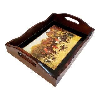 Vintage Large Mahogany English Tray Equestrian Fox Hunting Scene For Sale