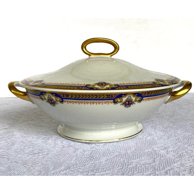 1929 Vintage Union Céramique Limoges 7 Pieces Serving Set with Roses, Blue Band, Yellow Laurel, Gold Rim For Sale In Washington DC - Image 6 of 11