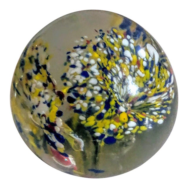 Vintage Glass Paperweight Three Flowers Bursting With Colors For Sale