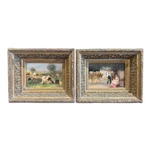 Pair 19th Century French Pastoral Paintings in Gilt Frames After E. Debat-Ponsan