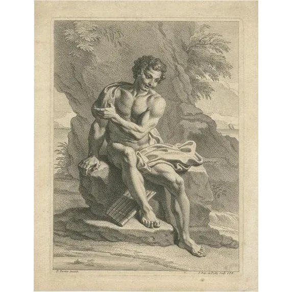 De Poilly, A Sitting Man with a Panflute, 1720, Print For Sale - Image 5 of 5