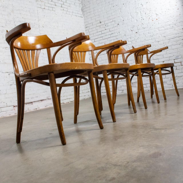Late 19th Century Bauhaus Beech Bentwood Thonet Style Fan Back Captains Armchairs Set of 4 For Sale - Image 9 of 18