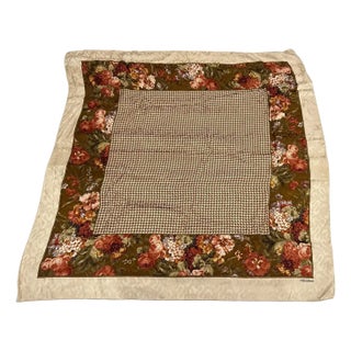 1980s Classic Floral & Houndstooth Design Silk Italian Square Scarf by Valentino For Sale