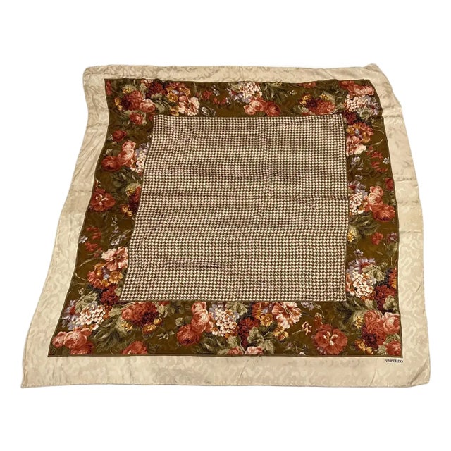 1980s Classic Floral & Houndstooth Design Silk Italian Square Scarf by Valentino For Sale