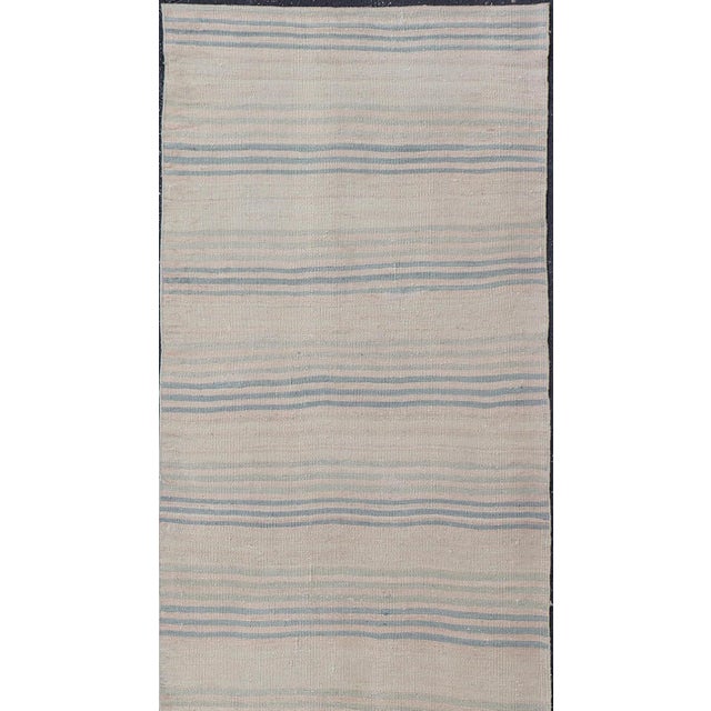Stripe Design Turkish Vintage Kilim Runner in Shades of Ivory and Light Blue For Sale - Image 9 of 12