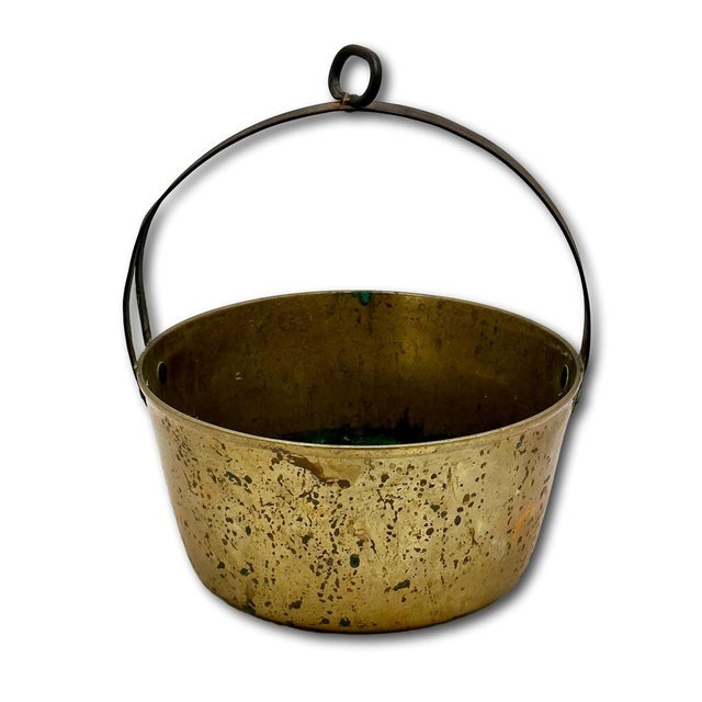 American Unusual Mid 1800s Antique Heavy Brass & Hand Wrought Iron Fireplace Hearth Hanging Cooking Pot For Sale - Image 3 of 18