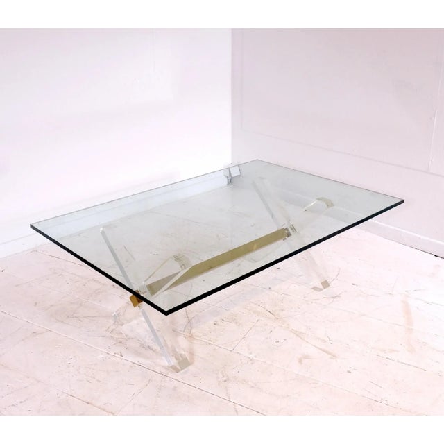 Metal French Gilt Brass, Acrylic Glass & Glass Coffee Table, 1980s For Sale - Image 7 of 9
