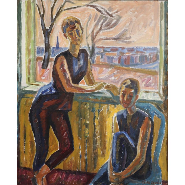 Mid-Century Modern 'Figures at the Window' Vintage Swedish Expressive Figurative Oil Painting, Framed For Sale - Image 9 of 14
