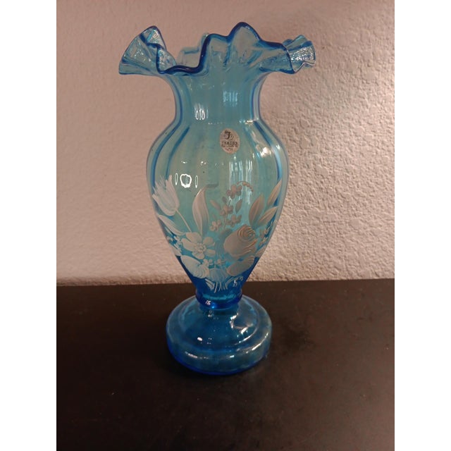 1960s Fenton Blue Hand-Painted Ruffled Vase For Sale - Image 4 of 7