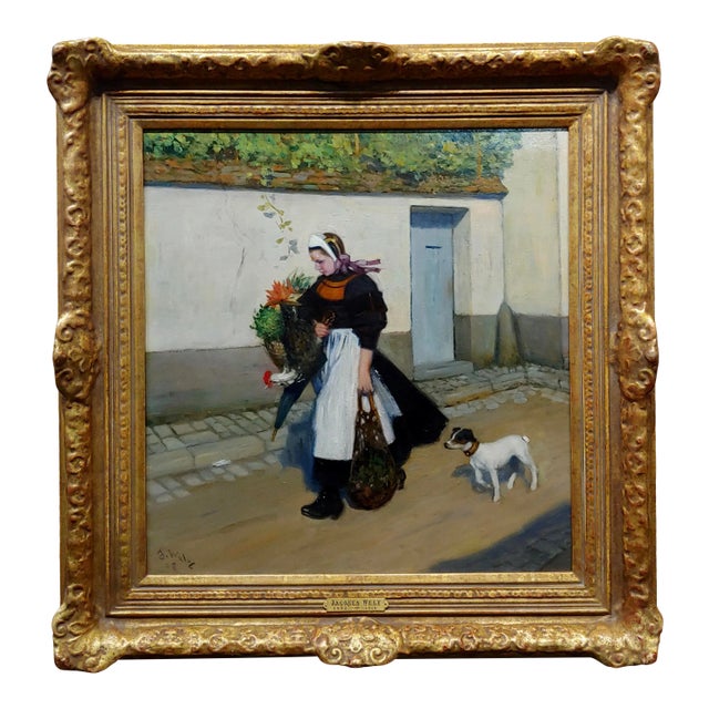 Jacques Wely -Woman & Her Jack Russel Dog Coming From the Market-Oil Painting For Sale
