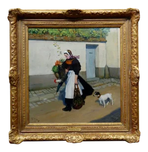 Jacques Wely -Woman & Her Jack Russel Dog Coming From the Market-Oil Painting