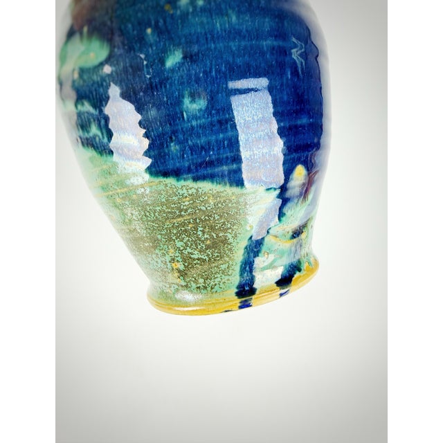 Vintage Studio Pottery Vase - Turquoise & Cobalt Glazed Stoneware - MCM Style For Sale In Atlanta - Image 6 of 8